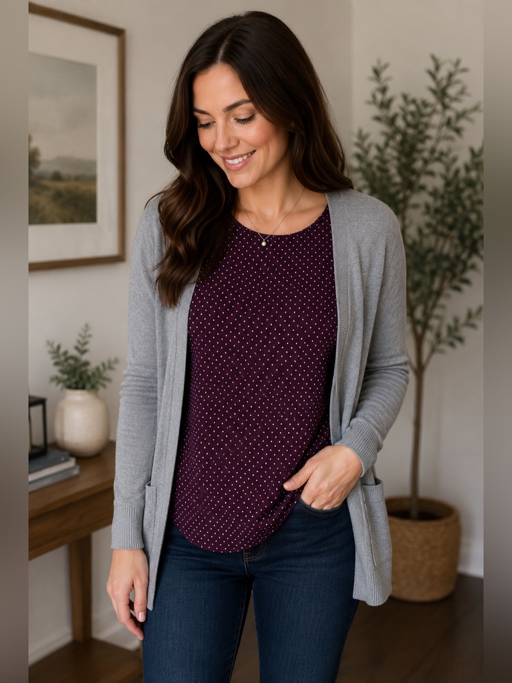 Lily White Women’s Maroon & Gray Polka Dot Blouse – Size Large